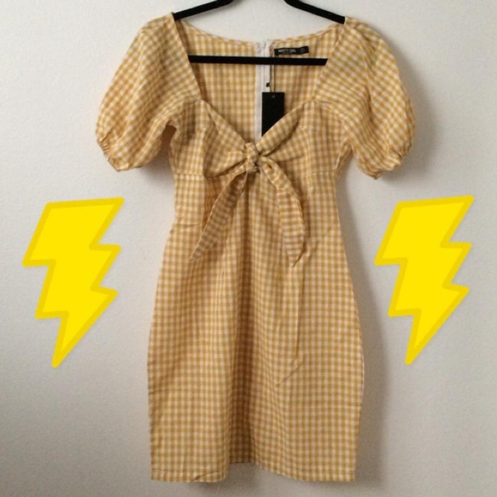 Yellow gingham milkmaid mini dress